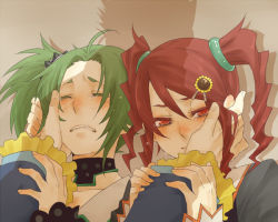 Rule 34 | 00s, 1boy, 2girls, choker, droite (tales), closed eyes, frills, gauche (tales), green hair, hair ornament, long hair, multiple girls, red eyes, red hair, shadow, tales of (series), tales of vesperia, tears, twintails, yeager (tales)
