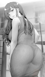 Rule 34 | 1girl, ass, bare shoulders, blurry, blurry background, blush, dress, from behind, gentsuki, greyscale, highres, leaning forward, long hair, looking at viewer, looking back, monochrome, original, panties, parted lips, ribbed dress, see-through, sleeveless, sleeveless dress, solo, standing, underwear