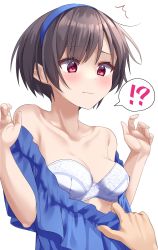 Rule 34 | !, !?, 1girl, ?, assisted exposure, bare shoulders, blue hairband, blue shirt, blush, bra, breasts, brown hair, cleavage, closed mouth, clothes pull, collarbone, hair between eyes, hairband, highres, kiona (giraffe kiona), looking down, medium breasts, off-shoulder shirt, off shoulder, original, pulling another&#039;s clothes, red eyes, shirt, shirt pull, short hair, solo, speech bubble, spoken exclamation mark, spoken interrobang, spoken question mark, strapless, strapless bra, underwear, upper body, white background, white bra