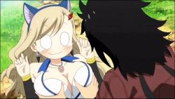 Rule 34 | 1boy, 1girl, animal ears, animated, animated gif, anime screenshot, blonde hair, breasts, cat ears, cleavage, eden&#039;s zero, grabbing, grabbing another&#039;s breast, groping, large breasts, long hair, lowres, lying, on back, rebecca bluegarden, screencap, shiki granbell