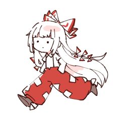 Rule 34 | . ., 1girl, :|, baggy pants, blunt bangs, bow, brown footwear, chibi, closed mouth, collared shirt, expressionless, floating hair, from side, fujiwara no mokou, full body, hair bow, hands in pockets, hime cut, itomugi-kun, leg up, long hair, looking at viewer, no nose, ofuda, ofuda on clothes, pants, red pants, shirt, shoe soles, shoes, short sleeves, simple background, solid circle eyes, solo, suspenders, touhou, very long hair, walking, white background, white bow, white hair, white shirt, wing collar