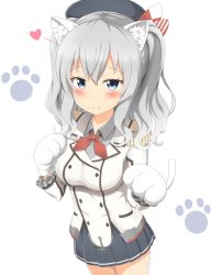 Rule 34 | 10s, 1girl, animal ears, animal hands, bad id, bad pixiv id, beret, blazer, cat ears, cat paws, cat tail, cowboy shot, epaulettes, grey eyes, hat, highres, jacket, kantai collection, kashima (kancolle), kemonomimi mode, looking at viewer, nedia (nedia region), paw print, pleated skirt, silver hair, skirt, smile, solo, tail, two side up
