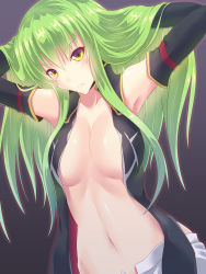 Rule 34 | 1girl, absurdres, adjusting hair, armpits, breasts, c.c., cleavage, code geass, collarbone, commentary request, detached sleeves, green hair, highres, koumei (twinameless), long hair, looking at viewer, navel, solo, yellow eyes
