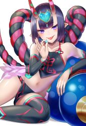 Rule 34 | 1girl, bare shoulders, black fundoshi, black legwear, blush, breasts, candy, chinese clothes, choker, detached sleeves, dudou, earrings, eyeliner, fangs, fate/grand order, fate (series), food, forehead jewel, fundoshi, gourd, headpiece, heart, highres, horns, japanese clothes, jewelry, looking at viewer, low twintails, makeup, navel, oni, pointy ears, purple eyes, purple hair, rope, short eyebrows, short hair, short twintails, shuten douji (fate), shuten douji (fate/grand order), shuten douji (halloween caster) (fate), simple background, skin-covered horns, small breasts, smile, solo, thighs, tongue, tongue out, tsuchifumazu, twintails, white background
