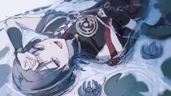 Rule 34 | 1boy, armor, black hair, flower, genshin impact, highres, japanese armor, japanese clothes, kote, kurokote, lily pad, looking at viewer, lying, lying on water, male focus, on back, open mouth, scaramouche (genshin impact), sketch, solo, sugoineta, upper body, upside-down, water