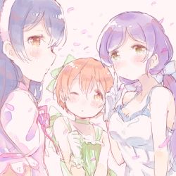 Rule 34 | 3girls, blue hair, blush, choker, closed mouth, commentary request, dress, gloves, hair between eyes, hair ribbon, hoshizora rin, lily white (love live!), long hair, looking at viewer, love live!, love live! school idol project, low twintails, multiple girls, one eye closed, orange hair, purple hair, ribbon, shijimi kozou, shiranai love oshiete love, short hair, sonoda umi, tojo nozomi, twintails, yellow eyes