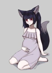 Rule 34 | 1girl, animal ears, barefoot, belly, black hair, breasts, commentary, desert avenger, dress, english commentary, feet, fox ears, fox girl, fox tail, gift art, hand on own stomach, highres, medium breasts, mikan (rayer), motherly, nail polish, original, pale skin, applying pedicure, pregnant, red eyes, sitting, slit pupils, smile, solo, tail, toes, twintails, wariza