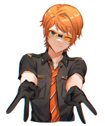 Rule 34 | 1boy, bishounen, black shirt, blue eyes, character request, gloves, goggles, helios rising heroes, male focus, necktie, one eye closed, orange hair, red necktie, shirt, shiyano, short hair, simple background, smile, solo, upper body, v, white background