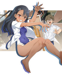Rule 34 | &gt; &lt;, 1boy, 1girl, barefoot, black hair, blue one-piece swimsuit, blush, breasts, brown eyes, brown hair, canvas (object), collared shirt, commentary, competition swimsuit, covered navel, dark-skinned female, dark skin, earclip, feet, fingernails, glasses, grin, hachiouji naoto, hair ornament, hairclip, ijiranaide nagatoro-san, legs, long hair, looking at viewer, nagatoro hayase, nail polish, nyoro (nyoronyoro000), one-piece swimsuit, open clothes, open mouth, open shirt, pencil, pink nails, school uniform, shirt, short sleeves, small breasts, smile, solo focus, swimsuit, toes, white shirt