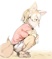 Rule 34 | 10s, 1girl, absurdres, animal ears, blonde hair, brown eyes, brown footwear, closed mouth, fennec (kemono friends), fox ears, fox tail, from side, full body, fur trim, gloves, highres, hiranko, kemono friends, pink shirt, profile, shirt, shoes, short hair, simple background, skirt, smile, solo, squatting, tail, thighhighs, white background, white gloves, white skirt, yellow thighhighs