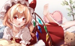 Rule 34 | 1girl, ascot, barefoot, bed, blonde hair, blush, bow, bowtie, branch, collared shirt, commentary request, crystal, flandre scarlet, frilled pillow, frilled shirt collar, frilled skirt, frilled sleeves, frills, hat, heart, heart-shaped pillow, highres, leg up, lying, medium hair, mob cap, mumu-crown, on bed, on stomach, one side up, open mouth, pillow, puffy short sleeves, puffy sleeves, red bow, red bowtie, red eyes, red skirt, red vest, shirt, short sleeves, side ponytail, skirt, skirt set, stuffed animal, stuffed toy, teddy bear, touhou, vest, white headwear, white shirt, wings, yellow ascot