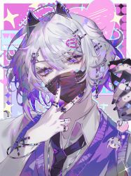 Rule 34 | 1boy, absurdres, animal ears, bishounen, black mask, blue nails, colored tips, cross, ear piercing, fake animal ears, hair ornament, hairclip, heart, highres, holding, holding phone, jewelry, looking at viewer, male focus, multicolored hair, nail polish, o-ring, phone, piercing, purple eyes, purple hair, ring, school uniform, shirt, slit pupils, solo, sweater, swept bangs, two-tone hair, v, virtual youtuber, whale taylor, white hair, white shirt, zhumojian