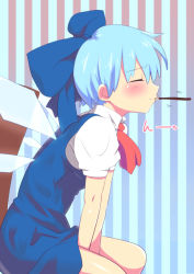 Rule 34 | 1girl, ascot, blue eyes, blue hair, blush, cirno, eating, closed eyes, food, from side, ice, ice wings, kobii, matching hair/eyes, pocky, short hair, solo, striped, striped background, touhou, v arms, vertical stripes, wings