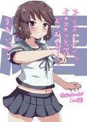 Rule 34 | 1girl, absurdres, black hair, blue sailor collar, blue skirt, brown eyes, character name, commentary request, cowboy shot, grin, highres, kantai collection, kitahama (siroimakeinu831), looking at viewer, miyuki (kancolle), navel, pleated skirt, sailor collar, school uniform, serafuku, short hair, skirt, smile, solo, translation request, twitter username, white background