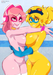Rule 34 | 2girls, absurdres, blonde hair, blue gloves, breasts, choker, colored skin, cowboy shot, g-lo, gloves, goggles, goggles on head, headset, highres, hug, looking at viewer, loquillo, medium breasts, miss heed, monster girl, multiple girls, nude, open mouth, pink eyes, pink hair, pink skin, shadow, slime girl, smile, thighhighs, tongue, tongue out, twitter username, villainous, white thighhighs, yellow choker, yellow eyes, yellow skin, yuri