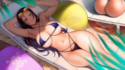 Rule 34 | 2girls, absurdres, ass, bikini, black hair, blue eyes, breasts, curvy, eyewear on head, highres, large breasts, long hair, looking at viewer, lying, multiple girls, navel, nico robin, on back, one piece, rezeharu, sunglasses, swimsuit, thick thighs, thighs, wide hips
