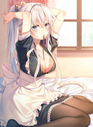 Rule 34 | 1girl, apron, arms up, bed sheet, black pantyhose, black shirt, blue eyes, bra, breasts, cleavage, collarbone, dress shirt, frilled apron, frills, hair between eyes, hair intakes, headdress removed, highres, indoors, large breasts, long hair, looking at viewer, maid, maid headdress, mouth hold, open clothes, open shirt, original, pantyhose, ponytail, red bra, ribbon, ribbon in mouth, shirt, short sleeves, silver hair, sitting, solo, toosaka asagi, tying hair, unbuttoned, unbuttoned shirt, underwear, very long hair, wariza, white apron