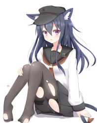 Rule 34 | 10s, 1girl, akatsuki (kancolle), anchor symbol, animal ears, black hair, cat ears, cat tail, commentary request, flat cap, hair between eyes, hat, highres, kantai collection, kemonomimi mode, long hair, long sleeves, neckerchief, open mouth, pantyhose, pinoaisu, red neckerchief, school uniform, serafuku, simple background, solo, tail, torn clothes, torn pantyhose, white background