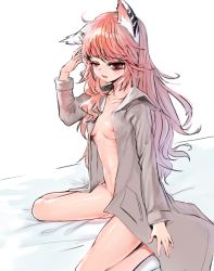 Rule 34 | 1girl, animal ears, bad id, bad pixiv id, bags under eyes, blush, bottomless, breasts, cat ears, collarbone, dokomon, fang, girls&#039; frontline, hand on own head, lab coat, long hair, looking at viewer, messy hair, navel, nipples, on bed, one eye closed, parted lips, persica (girls&#039; frontline), pink hair, red eyes, sitting, small breasts, solo, thighs, wariza