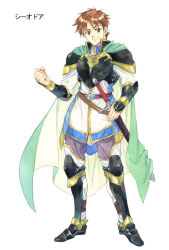 Rule 34 | 1boy, agahari, armor, armored boots, boots, breastplate, cape, character request, clenched hand, full body, green cape, hand on own hip, hand up, heart, holding, holding sword, holding weapon, legs apart, long sleeves, looking at viewer, lost technology, male focus, non-web source, pants, pauldrons, short hair, shoulder armor, simple background, smile, solo, standing, sword, theodor (lost technology), thighhighs, vambraces, weapon, white background