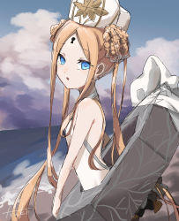 Rule 34 | 1girl, abigail williams (fate), abigail williams (swimsuit foreigner) (fate), abigail williams (swimsuit foreigner) (second ascension) (fate), bare shoulders, beach, black bow, blonde hair, blue eyes, bow, braid, braided bun, breasts, double bun, dress swimsuit, fate/grand order, fate (series), forehead, hair bun, hat, highres, keyhole, long hair, mitre, multiple bows, one-piece swimsuit, open mouth, orange bow, parted bangs, shore, sidelocks, sky, small breasts, solo, swimsuit, tsu ki2, twintails, very long hair, white hat, white one-piece swimsuit
