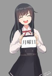 Rule 34 | &gt;:d, 10s, 2016, :d, asashio (kancolle), belt, black dress, black hair, blush, buttons, closed eyes, collared shirt, commentary, dated, dress, grey background, highres, holding, holding sign, kantai collection, karashi (tou gara shi), long hair, long sleeves, neck ribbon, one-hour drawing challenge, open mouth, red ribbon, ribbon, shirt, sign, skirt, smile, solo, suspenders, translated, twitter username, v-shaped eyebrows, white shirt