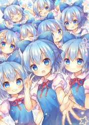 Rule 34 | &gt; &lt;, 6+girls, :d, ;d, ahoge, arm up, arms up, blue bow, blue dress, blue eyes, blue hair, blush, bow, cirno, closed eyes, closed mouth, coa (chroo x), collared shirt, commentary request, dress, dress shirt, fingernails, grin, hair between eyes, hair bow, hands up, multiple girls, multiple persona, neck ribbon, one eye closed, open mouth, puffy short sleeves, puffy sleeves, red ribbon, ribbon, shirt, short hair, short sleeves, sleeveless, sleeveless dress, smile, touhou, v, white shirt, xd