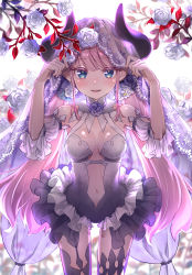 Rule 34 | 1girl, 90kyuuri, backlighting, black dress, blue eyes, breasts, breasts apart, bridal veil, center opening, cowboy shot, demon girl, demon horns, detached sleeves, dress, flower, frills, gradient clothes, highres, horns, long hair, looking at viewer, medium breasts, original, parted lips, pink hair, solo, standing, twintails, veil, very long hair, w arms, white dress, white flower