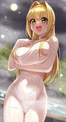 Rule 34 | 1girl, :d, absurdres, ahoge, alternate hairstyle, arm under breasts, bad id, bad twitter id, blonde hair, breasts, bush, covered navel, covering privates, fate/extra, fate (series), green eyes, hair down, hair intakes, highres, large breasts, looking at viewer, moon, naked towel, nero claudius (fate), nero claudius (fate) (all), nero claudius (fate/extra), night, night sky, nude cover, onsen, open mouth, outdoors, rock, sky, smile, solo, steam, towel, yayoi maka