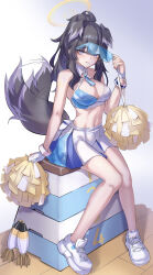 Rule 34 | 1girl, absurdres, adjusting eyewear, ammunition, animal ears, bangle, bare legs, bare shoulders, black hair, blue archive, blush, bracelet, breasts, cheerleader, cleavage, crop top, dog ears, dog girl, dog tail, eyewear on head, goggles, goggles on head, halo, hand on eyewear, hibiki (blue archive), hibiki (cheer squad) (blue archive), highres, holding, holding pom poms, jewelry, long hair, looking at viewer, medium breasts, millennium cheerleader outfit (blue archive), mortar shell, navel, official alternate costume, pom pom (cheerleading), pom poms, shoes, skirt, sneakers, solo, star sticker, sticker on arm, tail, tail wagging, text print, vaulting horse, white skirt, yellow halo, yyfuu