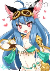 Rule 34 | 1girl, :d, adjusting clothes, ahoge, animal ear fluff, animal ears, artist name, blue hair, blush, breasts, cat ears, cat girl, character name, cleavage, commentary request, dancer, fang, goggles, goggles on head, goinkyo, gold, groin, heart, heart-shaped pupils, liricolilium, long hair, looking at viewer, medium bangs, medium breasts, navel, open mouth, oracle (tree of savior), red eyes, skin fang, smile, solo, symbol-shaped pupils, tree of savior, upper body, v-shaped eyebrows, white background