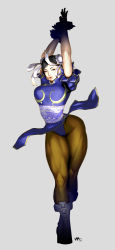 Rule 34 | 1girl, arms up, bad deviantart id, bad id, boots, bracelet, brown eyes, brown hair, bun cover, cameltoe, capcom, chinese clothes, chun-li, double bun, dress, jewelry, legs, lips, long image, muscular, pantyhose, pelvic curtain, solo, spiked bracelet, spikes, street fighter, tall image, thick thighs, thighs, wakino keibun