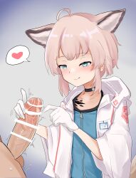 Rule 34 | 1boy, 1girl, :q, absurdres, after handjob, ahoge, animal ears, arknights, bar censor, blue eyes, blue vest, blush, censored, closed mouth, coat, collarbone, commentary, cum, english commentary, extra ears, flat chest, fox ears, fox girl, gloved handjob, gloves, handjob, heart, heart-shaped pupils, hetero, highres, hood, hood down, hooded coat, material growth, oripathy lesion (arknights), penis, pink hair, short hair, speech bubble, spoken heart, sussurro (arknights), symbol-shaped pupils, tongue, tongue out, twitching penis, variant set, vest, white coat, white gloves, wuoo48763