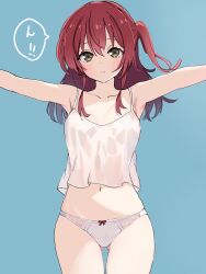 Rule 34 | 1girl, aqua background, armpits, bare shoulders, blue background, blush, bocchi the rock!, breasts, brown eyes, camisole, collarbone, commentary request, cowboy shot, crop top, dot nose, gluteal fold, hair between eyes, hands up, highres, incoming hug, kita ikuyo, looking ahead, looking at viewer, medium breasts, medium hair, midriff, navel, no pants, one side up, outstretched arms, panties, red hair, sidelocks, simple background, solo, spaghetti strap, speech bubble, thigh gap, thighs, ukitaryu, underwear, underwear only, white camisole, white panties