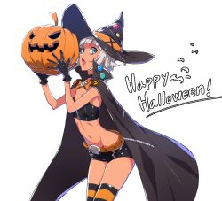 Rule 34 | 1girl, bandeau, black gloves, blue eyes, blunt bangs, breasts, buckle, cape, choker, cowboy shot, dark-skinned female, dark skin, fang, gloves, halloween, happy halloween, hat, jack-o&#039;-lantern, looking at viewer, midriff, nora (supernew), open mouth, original, short hair, short shorts, shorts, silver hair, simple background, skindentation, small breasts, solo, strapless, striped clothes, striped thighhighs, supernew, thighhighs, tube top, white background, witch hat