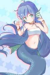 Rule 34 | 1girl, aqua eyes, blue hair, blush, bracelet, breasts, closed mouth, embarrassed, female focus, fins, head fins, highres, jazz grace, jewelry, long hair, looking at viewer, mermaid, monster girl, navel, puyopuyo, scales, serilly (puyopuyo), small breasts, solo, stomach, strapless, tube top, very long hair
