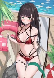 Rule 34 | absurdres, ball, bare shoulders, beachball, bikini, black hair, blunt bangs, blush, breasts, cleavage, closed mouth, collarbone, day, feet out of frame, green eyes, grey skirt, hair ornament, hairclip, highres, innertube, kurosawa dia, long hair, looking at viewer, love live!, love live! sunshine!!, medium breasts, multi-strapped bikini, navel, outdoors, red bikini, sitting, skirt, stomach, swim ring, swimsuit, thigh strap, undressing, unworn skirt, v-shaped eyebrows, v a i r, water, wooden floor