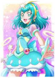 Rule 34 | 1girl, alternate breast size, aqua choker, blue dress, breasts, covered navel, cure milky, dress, earrings, hagoromo lala, hair ornament, hairband, hanzou, highres, jewelry, open mouth, precure, see-through, see-through sleeves, short sleeves, single leg pantyhose, small breasts, smile, solo, star (symbol), star color pen, star earrings, star hair ornament, star twinkle precure, yellow hairband