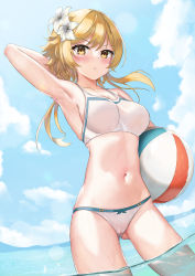 Rule 34 | 1girl, :t, absurdres, arm behind head, arm up, armpits, ball, bare arms, bare shoulders, beachball, bikini, blonde hair, blush, breasts, cleavage, day, flower, genshin impact, gluteal fold, hair flower, hair ornament, highres, holding, large breasts, long hair, looking at viewer, lumine (genshin impact), medium breasts, medium hair, midriff, navel, outdoors, pout, sidelocks, skai kun, skindentation, solo, spaghetti strap, standing, stomach, swimsuit, thighs, wading, water, white bikini, yellow eyes