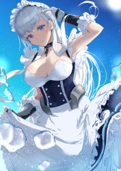 Rule 34 | 1girl, azur lane, belfast (azur lane), blue eyes, blue sky, blush, braid, breasts, cleavage, closed mouth, clothes lift, dress, dress lift, french braid, from below, gauntlets, gloves, hand in own hair, highres, large breasts, long hair, maid, maid headdress, sankyo (821-scoville), silver hair, simple background, sky, solo, water, white dress, white gloves