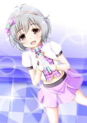 Rule 34 | 1girl, :d, blush, bow, crop top, cropped jacket, gloves, grey hair, hair between eyes, hairband, heart, holding, holding microphone, idolmaster, idolmaster cinderella girls, jacket, looking at viewer, microphone, midriff, narumiya yume, navel, open mouth, pink hairband, pink skirt, pleated skirt, puffy short sleeves, puffy sleeves, purple bow, red eyes, regular mow, shirt, short sleeves, skirt, smile, solo, standing, white gloves, white jacket, white shirt