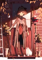 Rule 34 | 1girl, :3, absurdres, arm at side, bag, bob cut, brown coat, brown eyes, brown hair, brown pants, cane, cat, closed mouth, coat, day, door, facial mark, full body, handbag, hanging light, headband, highres, holding, holding cane, leaf, light particles, long sleeves, looking at viewer, mailbox (incoming mail), original, pants, plaid, plaid skirt, plant, potted plant, red bag, red skirt, shade, short hair, skirt, solo, straight-on, tears namida, white cat