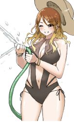 Rule 34 | 1girl, ;d, black one-piece swimsuit, blonde hair, blush, bracelet, breasts, brown hair, casual one-piece swimsuit, cleavage, cropped legs, dunchy, earrings, gradient hair, hair between eyes, hat, highres, holding, holding hose, hose, idolmaster, idolmaster shiny colors, izumi mei, jewelry, large breasts, multicolored hair, navel, one-piece swimsuit, one eye closed, open mouth, side-tie, simple background, smile, solo, straw hat, swimsuit, white background