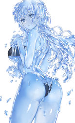 Rule 34 | 1girl, ass, bare shoulders, blue eyes, breasts, commentary, english commentary, gris swimsuit, highres, large breasts, liquid hair, long hair, looking at viewer, meme attire, monster girl, one-piece swimsuit, original, parted lips, shoulder blades, simple background, slime girl, solo, swimsuit, water drop, white background, zakirsiz