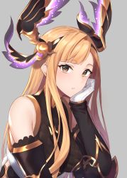 Rule 34 | 1girl, bare shoulders, black gloves, blush, breasts, brown eyes, closed mouth, elbow gloves, gen (gen 7254), gloves, granblue fantasy, grey background, hair ornament, hairband, head wings, highres, large breasts, long hair, looking at viewer, orange hair, sidelocks, simple background, solo, tweyen (granblue fantasy), wings