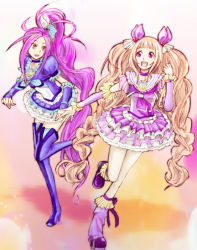 Rule 34 | 10s, 2girls, :d, alternate universe, blonde hair, blue footwear, blue skirt, blue thighhighs, boots, bow, brooch, choker, cure beat, cure humming, dress, frills, full body, gathers, goru (cure golgom), hair ornament, hair ribbon, hairpin, happy, heart, hummy (suite precure), jewelry, kurokawa eren, leg warmers, long hair, magical girl, multiple girls, open mouth, original, personification, pink eyes, precure, puffy sleeves, purple hair, ribbon, seiren (suite precure), skirt, smile, standing, standing on one leg, suite precure, thigh boots, thighhighs, wrist cuffs, yellow eyes