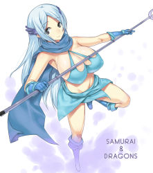 Rule 34 | 1girl, blue eyes, blue gloves, blue hair, blue scarf, boots, breasts, cleavage, darabuchi, covered erect nipples, gloves, hair ornament, large breasts, long hair, magician (samurai &amp; dragons), matching hair/eyes, navel, samurai &amp; dragons, sarong, scarf, solo