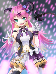 Rule 34 | 1girl, absurdres, alternate costume, alternate universe, arm strap, asymmetrical horns, bare shoulders, bow, breasts, demon girl, demon horns, demon tail, eyes visible through hair, garter straps, gloves, glowstick, hair ornament, highres, holding, holding with tail, hololive, horn bow, horn ornament, horns, long hair, looking at viewer, mano aloe, microphone, midriff, navel, open mouth, pointy ears, prehensile tail, shirt, skirt, sleeveless, sleeveless shirt, solo, soten bluesky, tail, thighhighs, uneven horns, virtual youtuber, white gloves, wrist cuffs