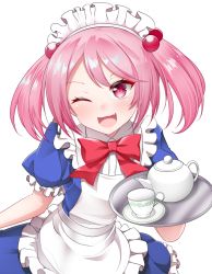 Rule 34 | 1girl, alternate costume, apron, bad id, bad twitter id, cup, dress, enmaided, fang, frilled apron, frilled dress, frilled sleeves, frills, hair bobbles, hair ornament, kantai collection, kirigakure (kirigakure tantei jimusho), maid, maid headdress, neck ribbon, one eye closed, open mouth, pink eyes, pink hair, puffy short sleeves, puffy sleeves, ribbon, saucer, sazanami (kancolle), short sleeves, smile, solo, teacup, teapot, tray, twintails