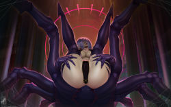 Rule 34 | 1girl, arachne, arthropod girl, artist name, breasts, cleavage, column, commentary, dated, english commentary, extra eyes, grey hair, highres, indoors, insect girl, large breasts, legs up, medium hair, monster girl, monster musume no iru nichijou, pelvic curtain, pillar, rachnera arachnera, signature, silk, solo, spider girl, spider web, taur, themaestronoob, thighs, underboob